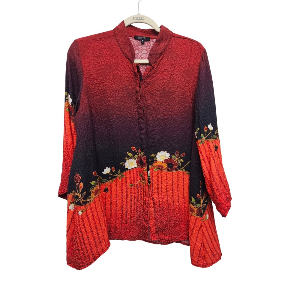 Dressori Button Up Blouse Womens M Red Ombre Floral Textured Silk Blend Tunic